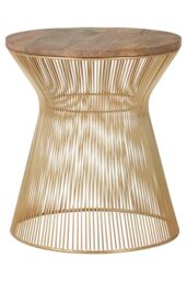 Orsina Small Coffee Table, Hourglass Wire Frame with Gold Finish, Natural Mango Wood Circular Top, Modern Table