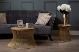 Orsina Small Coffee Table, Hourglass Wire Frame with Gold Finish, Natural Mango Wood Circular Top, Modern Table - thumbnail 3