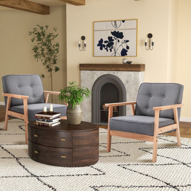 HOMCOM Linen Armchair with Beech Wood Frame Padded Cushion for Bedroom in Grey - image 1