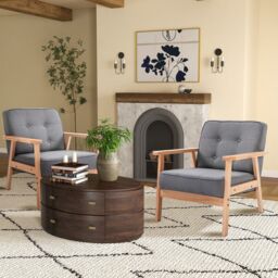 HOMCOM Linen Armchair with Beech Wood Frame Padded Cushion for Bedroom in Grey - thumbnail 1
