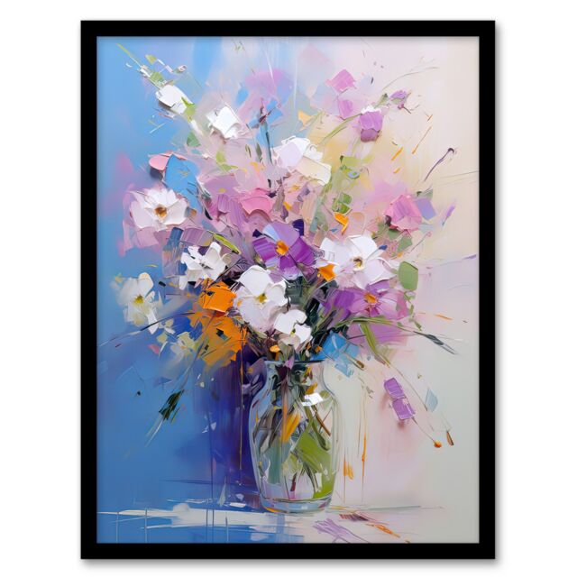 Artery8 Wall Art Print Wildflower Bouquet in Glass Vase Oil Painting Pastel Framed in Blue - Size: A4 - image 1