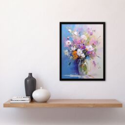 Artery8 Wall Art Print Wildflower Bouquet in Glass Vase Oil Painting Pastel Framed in Blue - Size: A4 - thumbnail 4