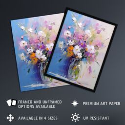 Artery8 Wall Art Print Wildflower Bouquet in Glass Vase Oil Painting Pastel Framed in Blue - Size: A4 - thumbnail 2