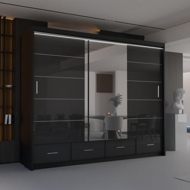 Sliding Wardrobes 4U Luxury High Gloss Sliding Wardrobe with LED Light W255cm x H220cm in Black - image 1