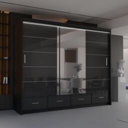Sliding Wardrobes 4U Luxury High Gloss Sliding Wardrobe with LED Light W255cm x H220cm in Black - thumbnail 1