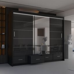 Sliding Wardrobes 4U Luxury High Gloss Sliding Wardrobe with LED Light W255cm x H220cm in Black - thumbnail 4