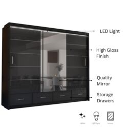 Sliding Wardrobes 4U Luxury High Gloss Sliding Wardrobe with LED Light W255cm x H220cm in Black - thumbnail 3