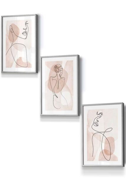 ARTZE Set of 3 Light Grey Framed Coral Pink Abstract Line Art Female Wall Art - Size: W53 cm x H73 cm x D20mm - image 1