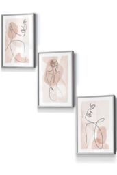 ARTZE Set of 3 Light Grey Framed Coral Pink Abstract Line Art Female Wall Art - Size: W53 cm x H73 cm x D20mm - thumbnail 1