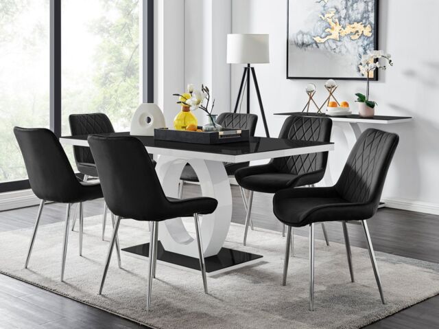 FurnitureboxUK Giovani Rectangular 6 Seat White High Gloss Unique Halo Base Dining Table Black Glass Top 6 Soft Velvet Silver Leg Pesaro Chairs - image 1