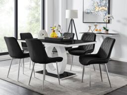 FurnitureboxUK Giovani Rectangular 6 Seat White High Gloss Unique Halo Base Dining Table Black Glass Top 6 Soft Velvet Silver Leg Pesaro Chairs - thumbnail 1