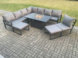 Fimous Aluminium Lounge Corner Sofa Outdoor Garden Furniture Sets Gas Fire Pit Dining Table Set with 2 Big Footstools Dark Grey - thumbnail 1