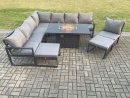 Fimous Aluminium Lounge Corner Sofa Outdoor Garden Furniture Sets Gas Fire Pit Dining Table Set with 2 Big Footstools Dark Grey - thumbnail 2