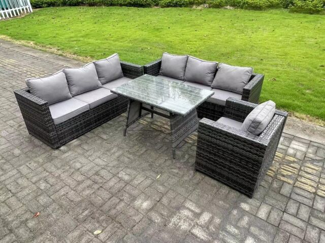 Fimous Wicker PE Rattan Garden Dining Set Outdoor Furniture Sofa with Patio Dining Table Armchair 7 Seater Grey in Dark Grey - image 1