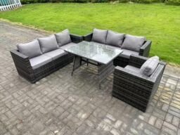 Fimous Wicker PE Rattan Garden Dining Set Outdoor Furniture Sofa with Patio Dining Table Armchair 7 Seater Grey in Dark Grey - thumbnail 2