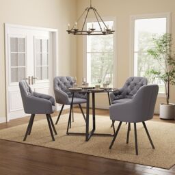 Living and Home Modern Round Table with Tempered Glass for Dining Meeting Living Room in Black - thumbnail 2