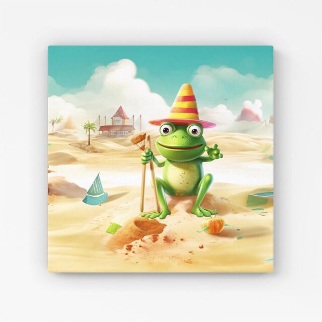 Warren Reed - Designer Happy Frog On A Beach Holiday Canvas in Yellow - Size: w10 inch x h10 inch - image 1