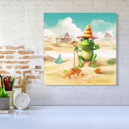 Warren Reed - Designer Happy Frog On A Beach Holiday Canvas in Yellow - Size: w10 inch x h10 inch - thumbnail 2