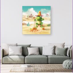 Warren Reed - Designer Happy Frog On A Beach Holiday Canvas in Yellow - Size: w10 inch x h10 inch - thumbnail 4