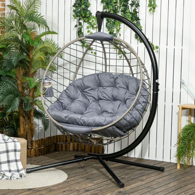 OUTSUNNY Cushioned PE Rattan Hanging Swing Chair with Stand & Cup Holder, Grey - image 1