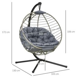 OUTSUNNY Cushioned PE Rattan Hanging Swing Chair with Stand & Cup Holder, Grey - thumbnail 3