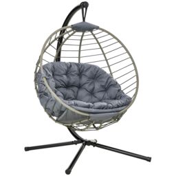 OUTSUNNY Cushioned PE Rattan Hanging Swing Chair with Stand & Cup Holder, Grey - thumbnail 2