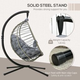 OUTSUNNY Cushioned PE Rattan Hanging Swing Chair with Stand & Cup Holder, Grey - thumbnail 4