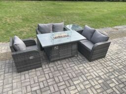 Fimous Rattan Garden Furniture Set with Gas Fire Pit Dining Table, Side Table Indoor Outdoor 5 piece Love Sofa set in Dark Grey - thumbnail 3