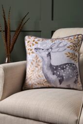 Dreams & Drapes 'Forest Animals' Deer Print Velvet Filled Cushion in Grey - Size: 43 cm x 43 cm - thumbnail 1