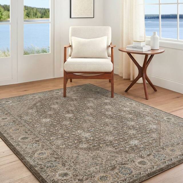 Livabliss Arda Vintage Taupe Brown Grey Green Traditional Boho Fringe Living Rug - Size: 153 cm x 220 cm - image 1