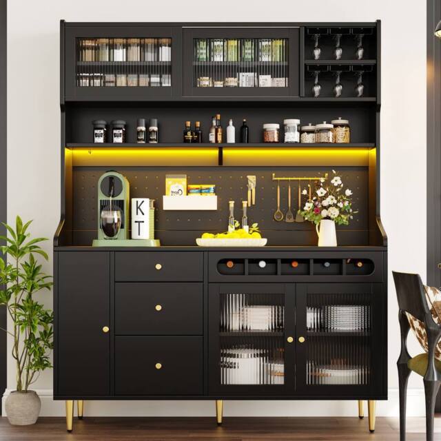 Merax Kitchen Dresser with LED Lighting & Wine Rack in Black - image 1