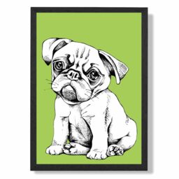 ARTZE Sketch Pug Dog on Bright Green Framed Print SIZE: A2 with Black Frame - Size: A4