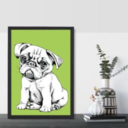 ARTZE Sketch Pug Dog on Bright Green Framed Print SIZE: A2 with Black Frame - Size: A4 - thumbnail 2