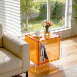 VOGREX Clear Acrylic End Table Bedside Nightstand Shelf in Orange - thumbnail 4