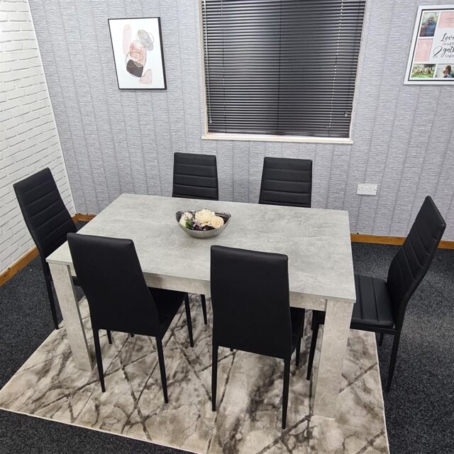 KOSY KOALA Stone Grey Effect Wooden Dining Table Set With 6 Black Chairs Dining Room Furniture in Brown - image 1