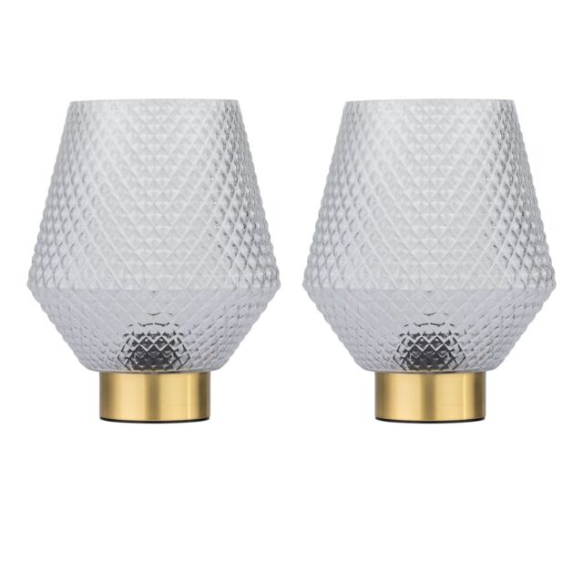 First Choice Lighting Set of 2 Porter - Battery Operated Satin Brass Lamps Clear Tex Glass in Gold - image 1