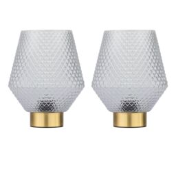 First Choice Lighting Set of 2 Porter - Battery Operated Satin Brass Lamps Clear Tex Glass in Gold