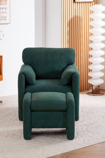 Living and Home Chenille Upholstered Armchair with Footstool in Green - image 1