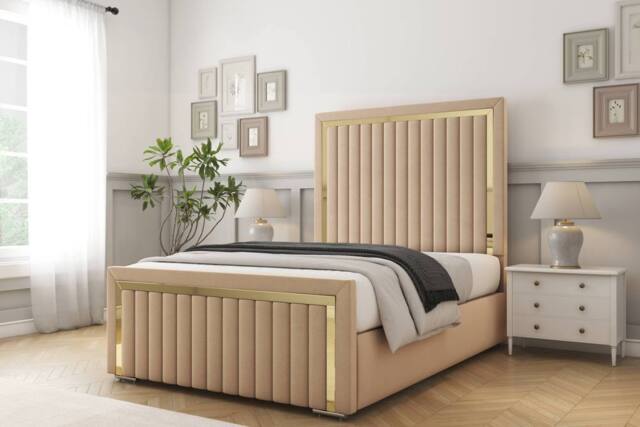 "Comfort Beds Boston Gold Plush Bed Frame - 50"" Upholstered Headboard in Stone - Size: Single" - image 1