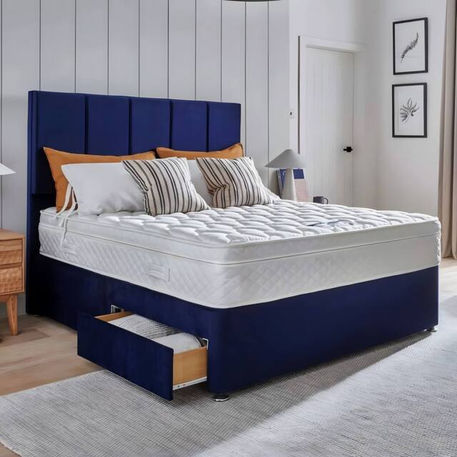 PARADISE BEDS LTD Luxe Divan Bed Set with storage drawers, Mattress & Headboard in Dark Blue - Size: Double - image 1