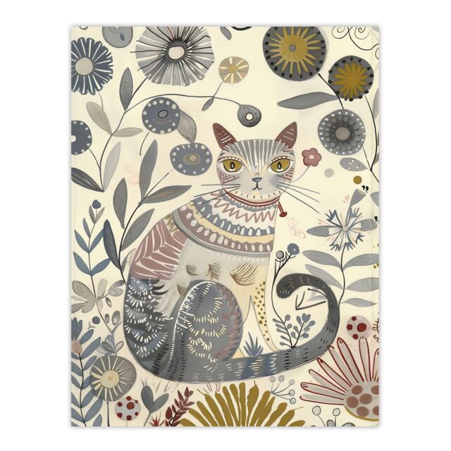 "Artery8 Rustic Cat Wildflower Field Bright Floral Pattern Wall Art Print in Beige - Size: W12"" x H16""" - image 1