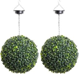 Primrose Pair of 28cm Solar Powered LED Artificial Topiary Ball 'The Little Buxus Ball' in Green