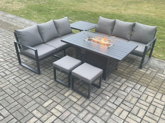 Fimous Aluminium 8 Seater Outdoor Garden Furniture Lounge Sofa Set Gas Fire Pit Dining Table with 2 Small Footstools in Dark Grey - image 1