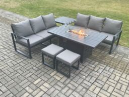 Fimous Aluminium 8 Seater Outdoor Garden Furniture Lounge Sofa Set Gas Fire Pit Dining Table with 2 Small Footstools in Dark Grey - thumbnail 1