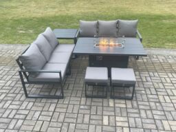 Fimous Aluminium 8 Seater Outdoor Garden Furniture Lounge Sofa Set Gas Fire Pit Dining Table with 2 Small Footstools in Dark Grey - thumbnail 2
