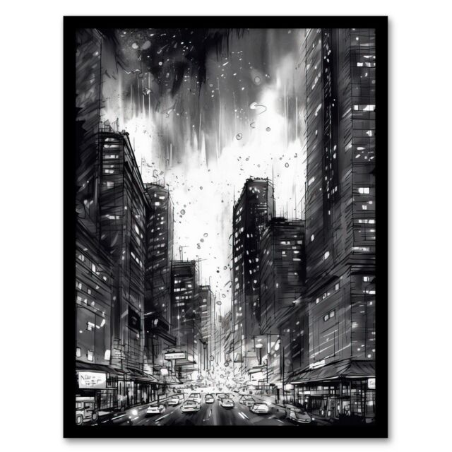"Artery8 Downtown Chicago Ink Sketch Cityscape Pen & Ink Charcoal Dark Moody Art Print Framed Poster Wall Decor 12x16 inch in Black - Size: W12"" x H16""" - image 1