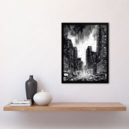 "Artery8 Downtown Chicago Ink Sketch Cityscape Pen & Ink Charcoal Dark Moody Art Print Framed Poster Wall Decor 12x16 inch in Black - Size: W12"" x H16""" - thumbnail 4