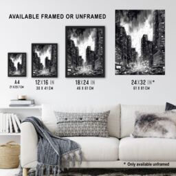 "Artery8 Downtown Chicago Ink Sketch Cityscape Pen & Ink Charcoal Dark Moody Art Print Framed Poster Wall Decor 12x16 inch in Black - Size: W12"" x H16""" - thumbnail 3