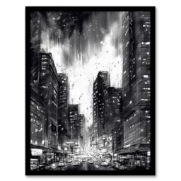"Artery8 Downtown Chicago Ink Sketch Cityscape Pen & Ink Charcoal Dark Moody Art Print Framed Poster Wall Decor 12x16 inch in Black - Size: W12"" x H16""" - thumbnail 1