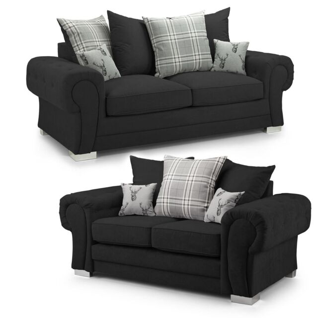 Furnishings For Less UK Milan Fabric Sofa Suite 3 & 2 Seater Sofa Set Scatter Back in Black - image 1